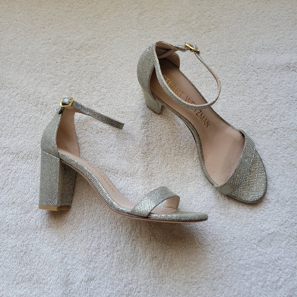 Stuart Weitzman Nearlynude Silver Lamé Strap Sandals